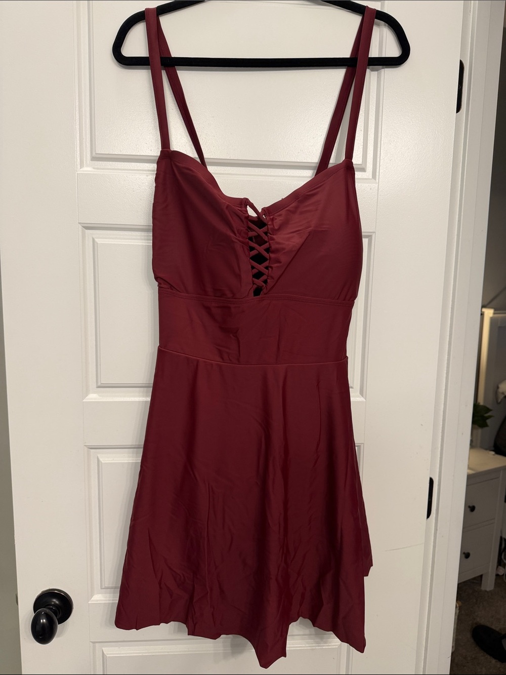 Lace-Up Front One-Piece Swimsuit Dress - Burgundy